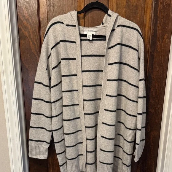 Signature Gray and Black Striped 100% Cashmere Hooded Cardigan Sweater NWT - Picture 4 of 6
